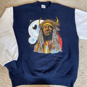 Vintage 1991 R Peck Tribal Native American Sweatshirt Size M Navy Buffalo USA
